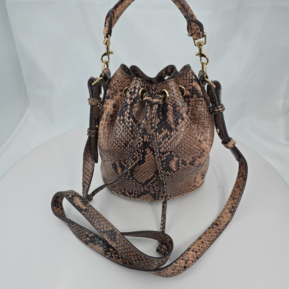 ANN TAYLOR Brown Snakeskin Leather Drawstring Shoulder/Crossbody Bucket Bag - Picture 8 of 16